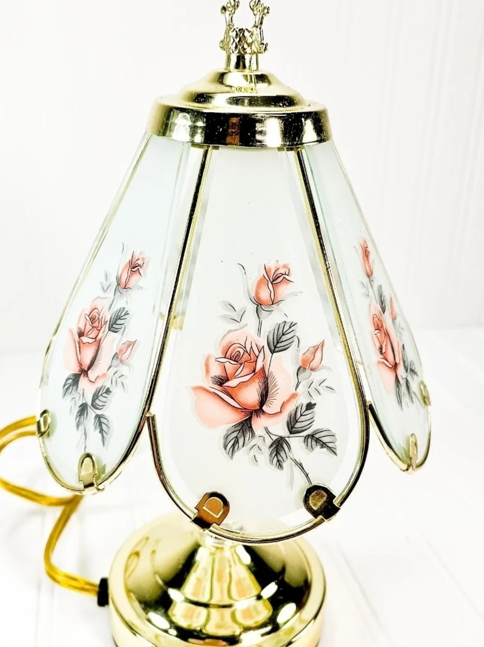 Vintage Floral Glass Table Lamp - Pink Rose Accent